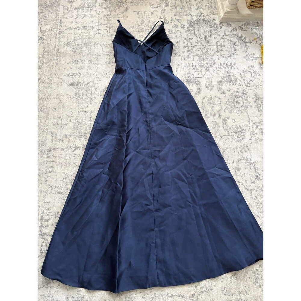 Alfred Sung V Neck Full Skirt Satin Maxi Dress Midnight Navy Size 4 D750 Formal - Picture 3 of 9